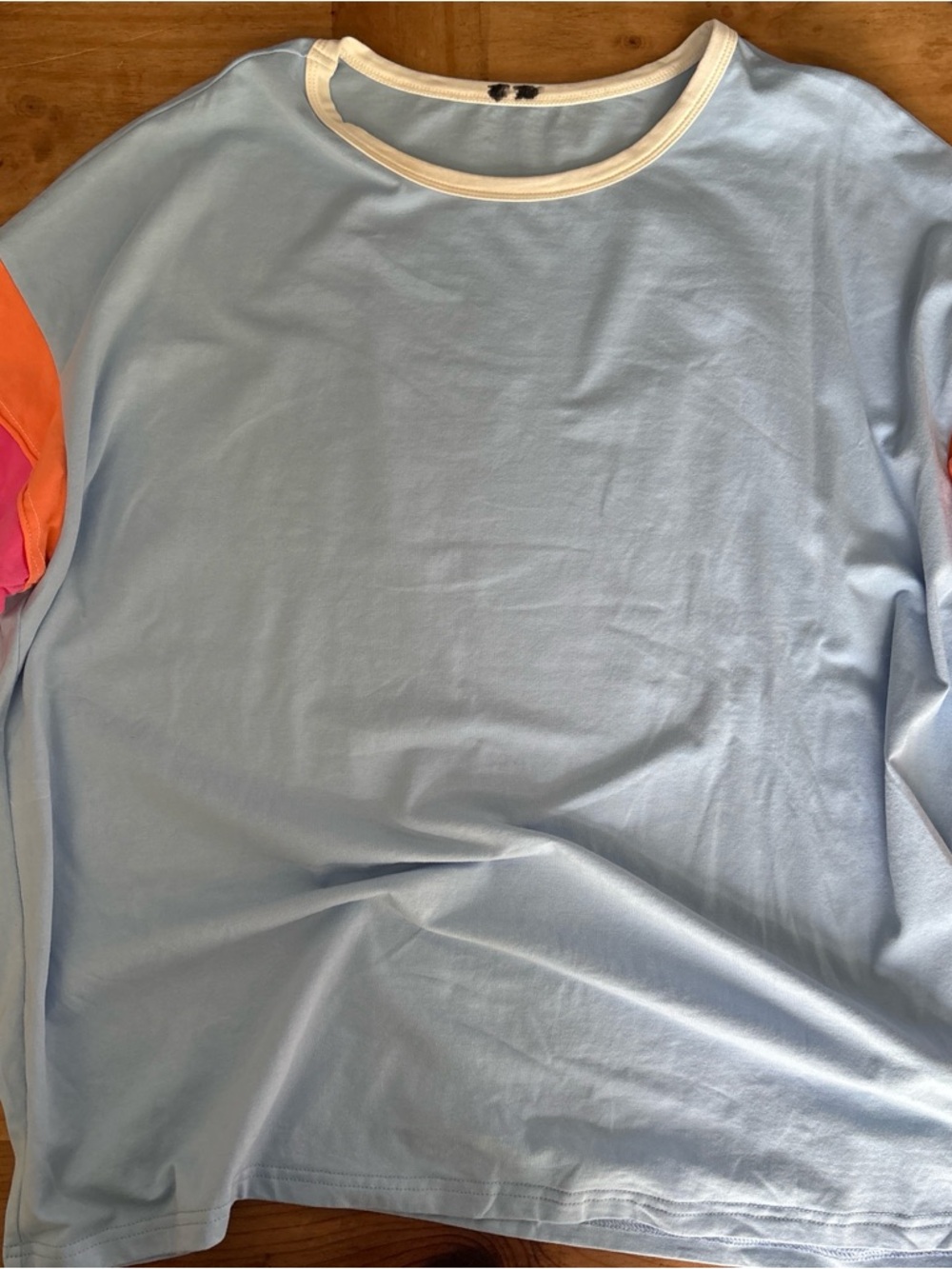Light Blue Crew Neck Tee with Colorful Sleeve Accents